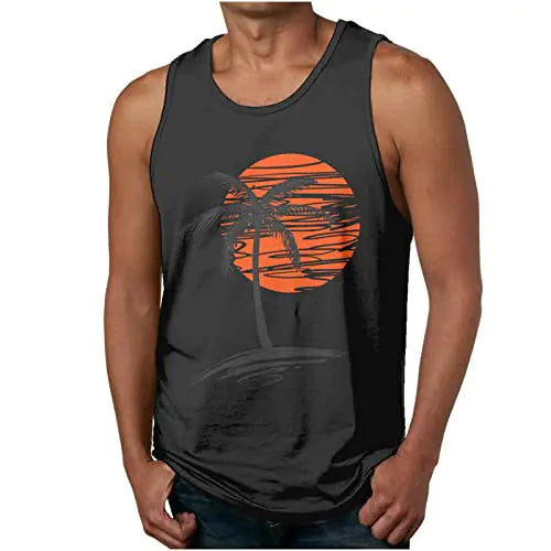 NaRHbrg Palm Tree Tanks Tops for Mens Cool Printed Graphic Sleeveless Tank Top Muscle Shirt for Workout Gym Jogging Black