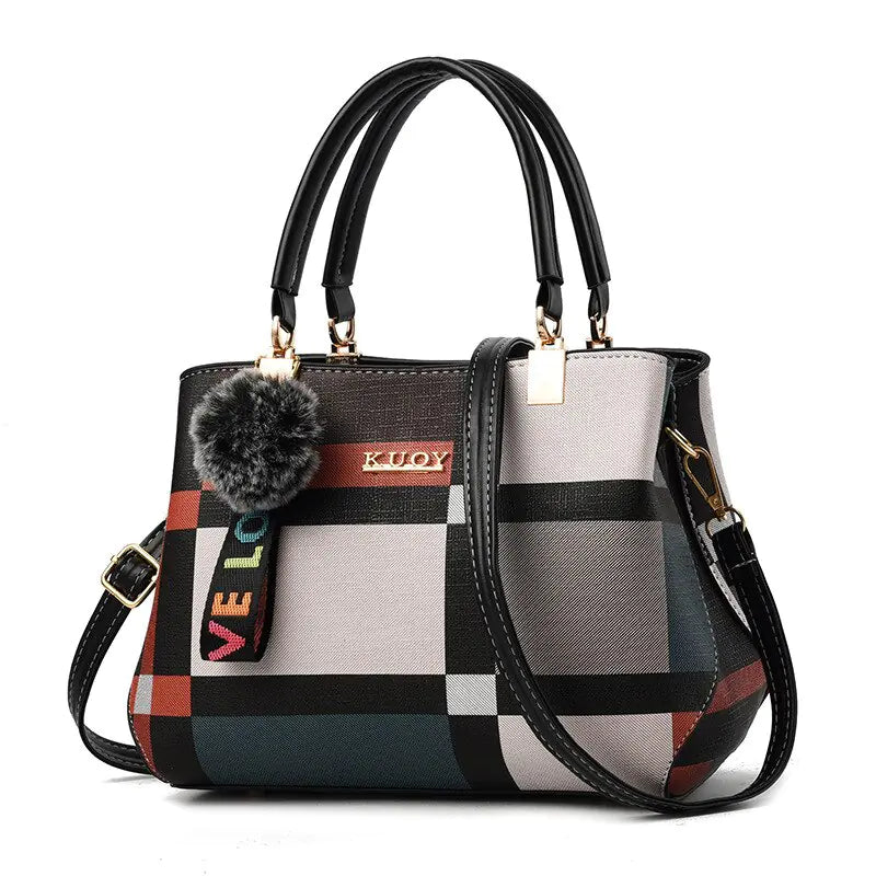 Color Block Pom Pom Bag - Leather Tote and Crossbody