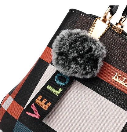 Color Block Pom Pom Bag - Leather Tote and Crossbody