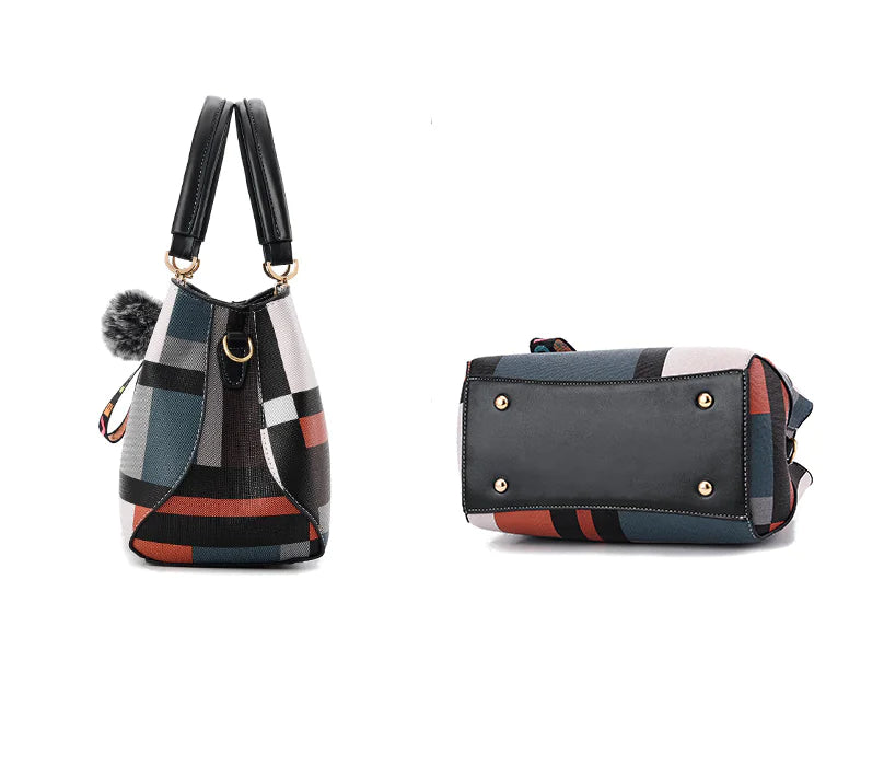 Color Block Pom Pom Bag - Leather Tote and Crossbody