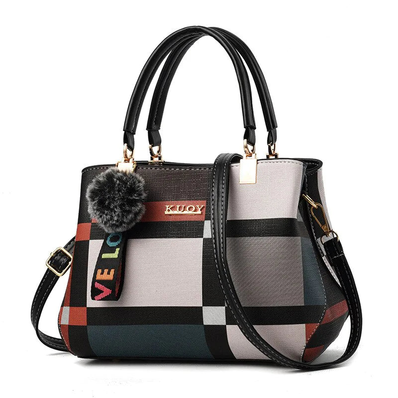 Color Block Pom Pom Bag - Leather Tote and Crossbody